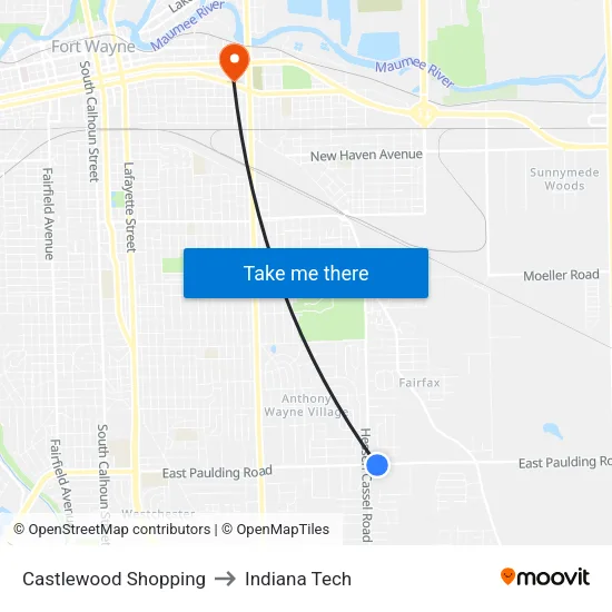 Castlewood Shopping to Indiana Tech map