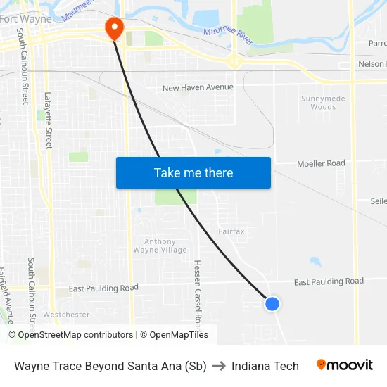 Wayne Trace Beyond Santa Ana (Sb) to Indiana Tech map