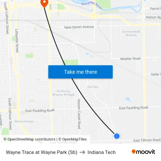 Wayne Trace at Wayne Park (Sb) to Indiana Tech map