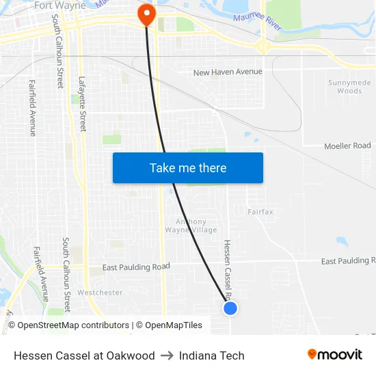 Hessen Cassel at Oakwood to Indiana Tech map