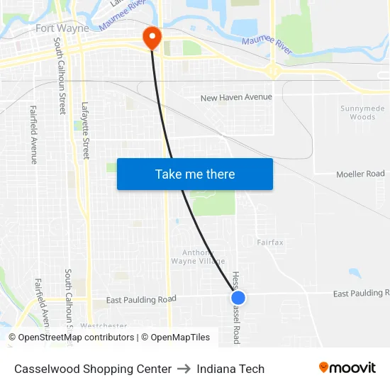 Casselwood Shopping Center to Indiana Tech map