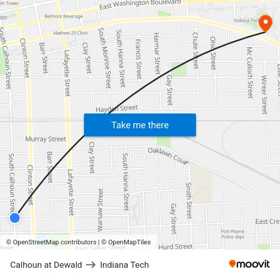 Calhoun at Dewald to Indiana Tech map