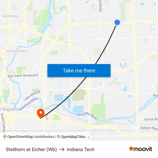 Stellhorn at Eicher (Wb) to Indiana Tech map