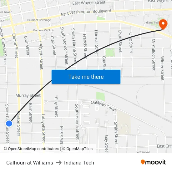 Calhoun at Williams to Indiana Tech map
