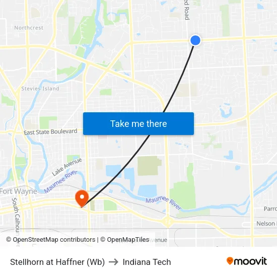 Stellhorn at Haffner (Wb) to Indiana Tech map