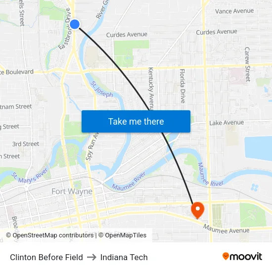 Clinton Before Field to Indiana Tech map
