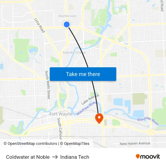 Coldwater at Noble to Indiana Tech map