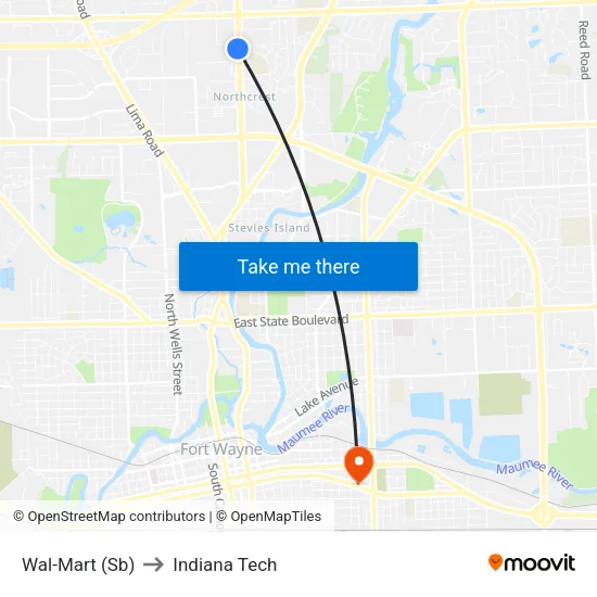 Wal-Mart (Sb) to Indiana Tech map