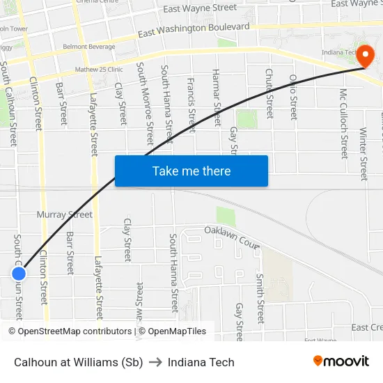 Calhoun at Williams (Sb) to Indiana Tech map