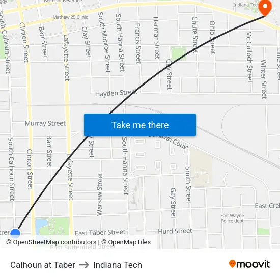 Calhoun at Taber to Indiana Tech map