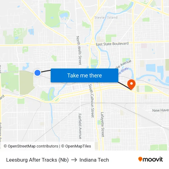 Leesburg After Tracks (Nb) to Indiana Tech map