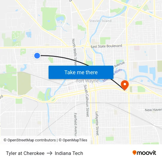 Tyler at Cherokee to Indiana Tech map