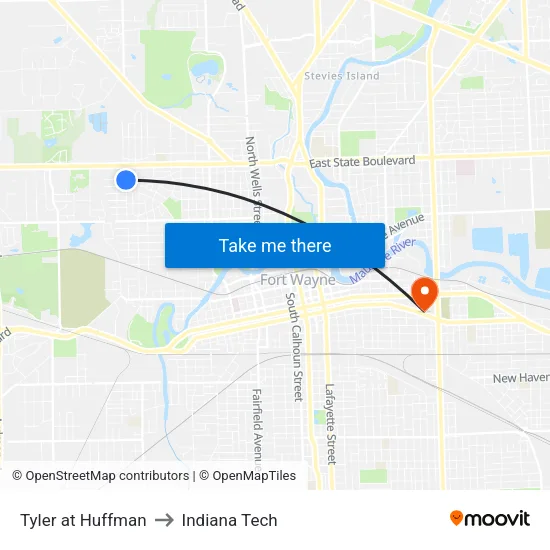 Tyler at Huffman to Indiana Tech map