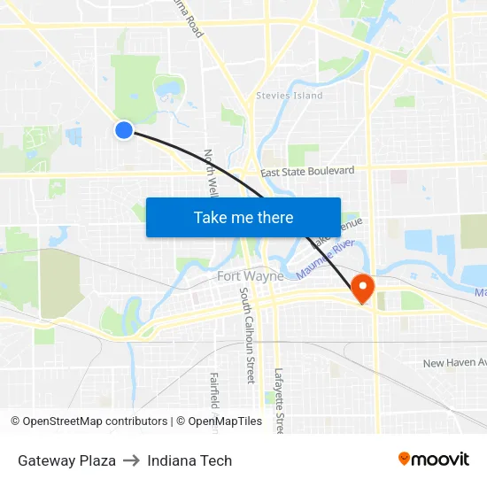 Gateway Plaza to Indiana Tech map