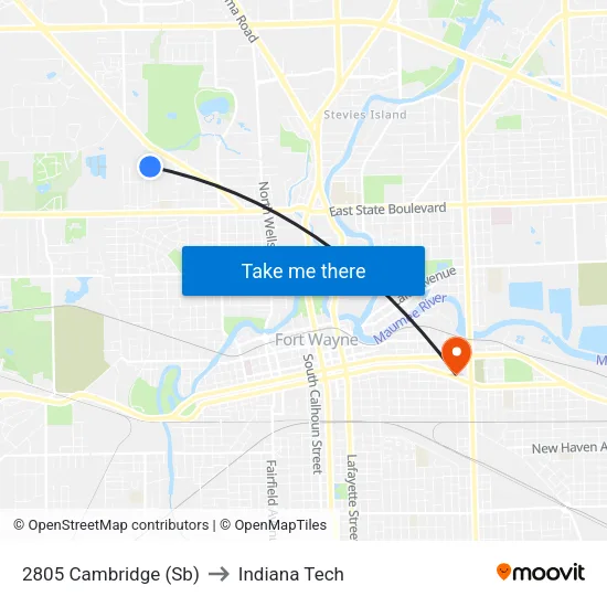 Cambridge at Trinity (Sb) to Indiana Tech map