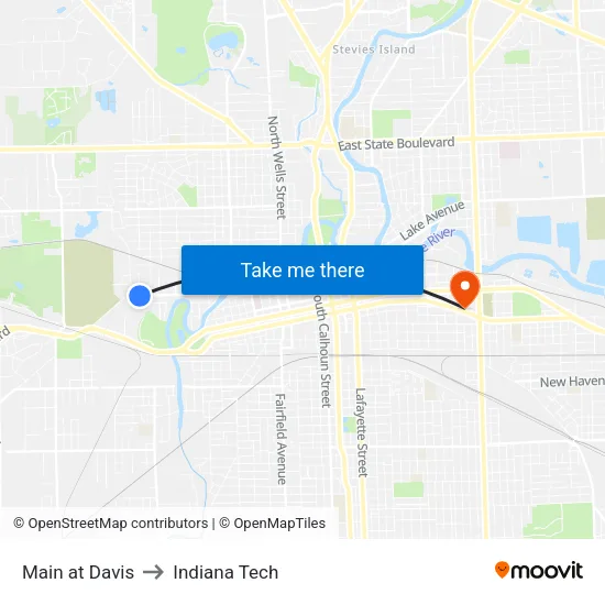 Main at Davis to Indiana Tech map