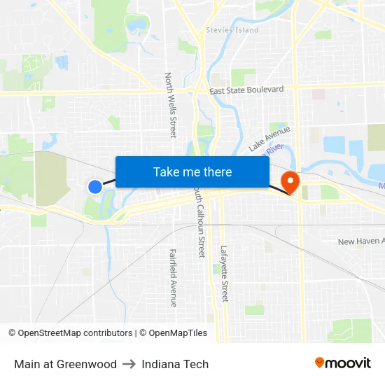 Main at Greenwood to Indiana Tech map