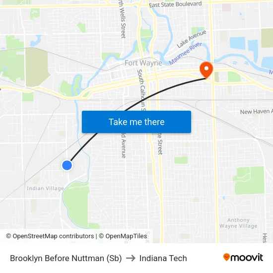 Brooklyn Before Nuttman (Sb) to Indiana Tech map