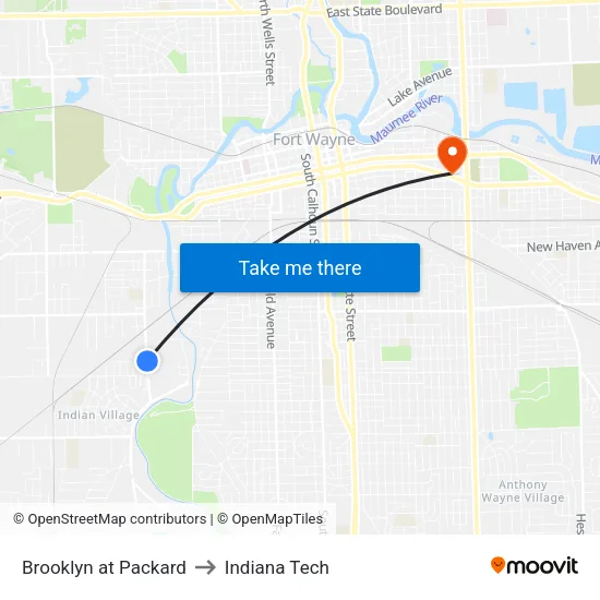 Brooklyn at Packard to Indiana Tech map