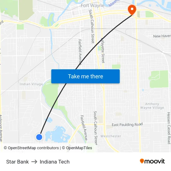 Star Bank to Indiana Tech map