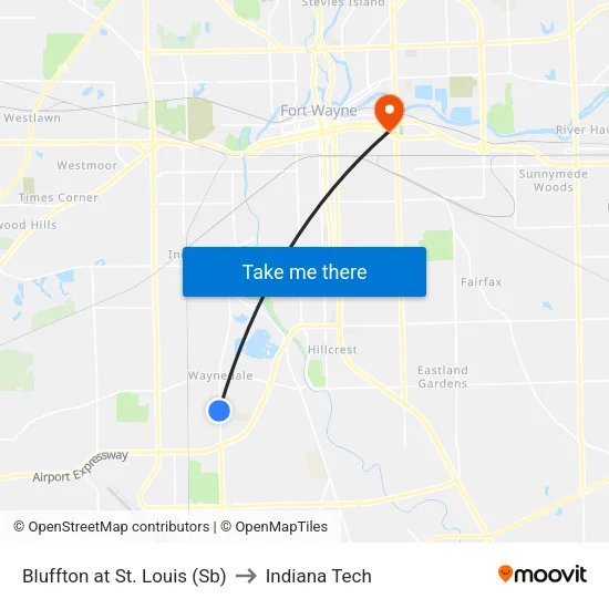 Bluffton at St. Louis (Sb) to Indiana Tech map