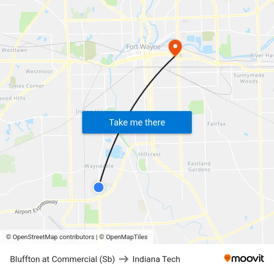 Bluffton at Commercial (Sb) to Indiana Tech map