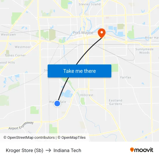 Kroger Store (Sb) to Indiana Tech map