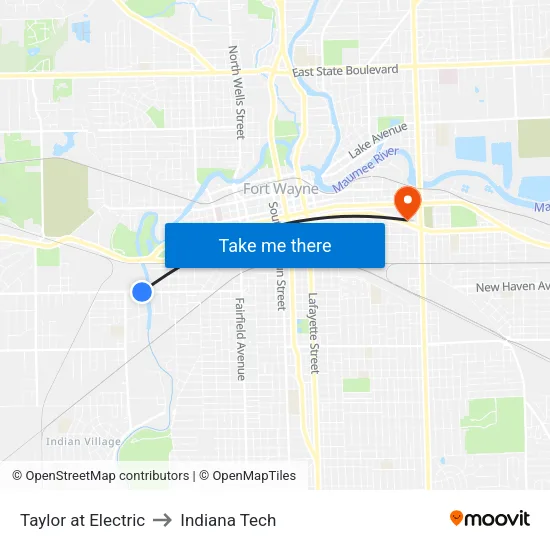 Taylor at Electric to Indiana Tech map