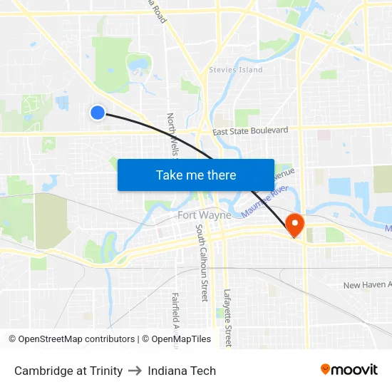 Cambridge at Trinity to Indiana Tech map