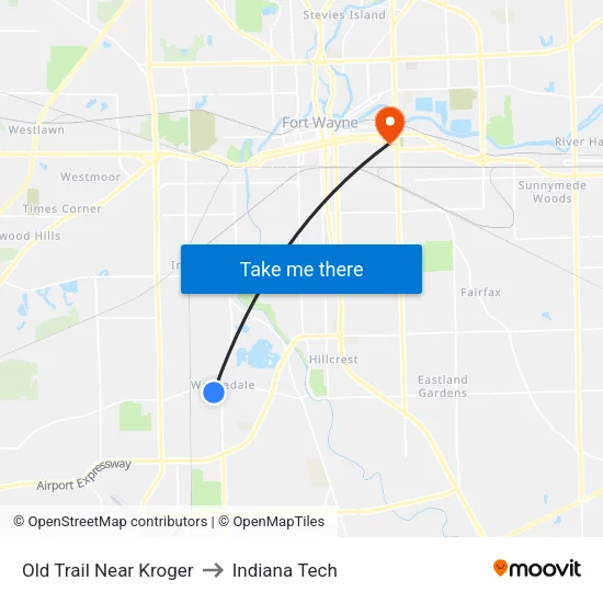 Old Trail Near Kroger to Indiana Tech map