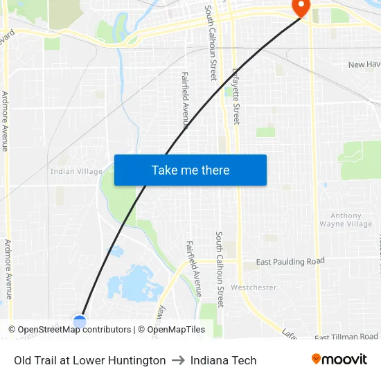 Old Trail at Lower Huntington to Indiana Tech map