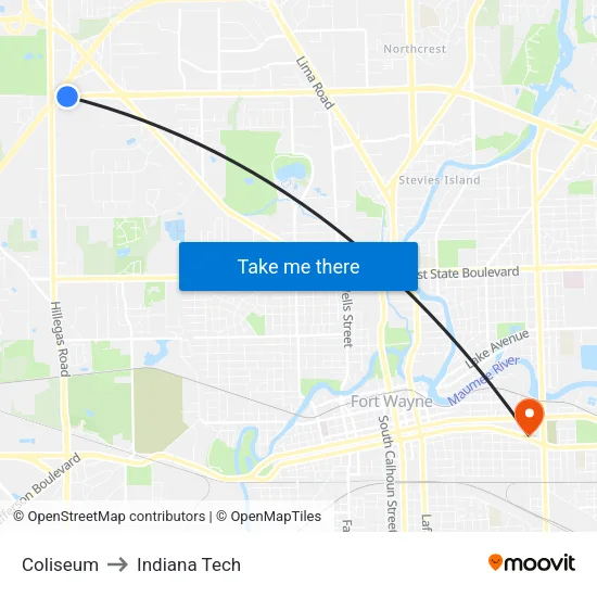 Coliseum to Indiana Tech map