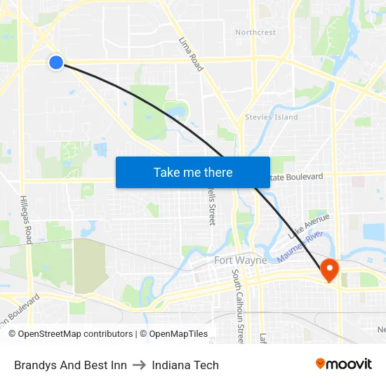 Brandys And Best Inn to Indiana Tech map