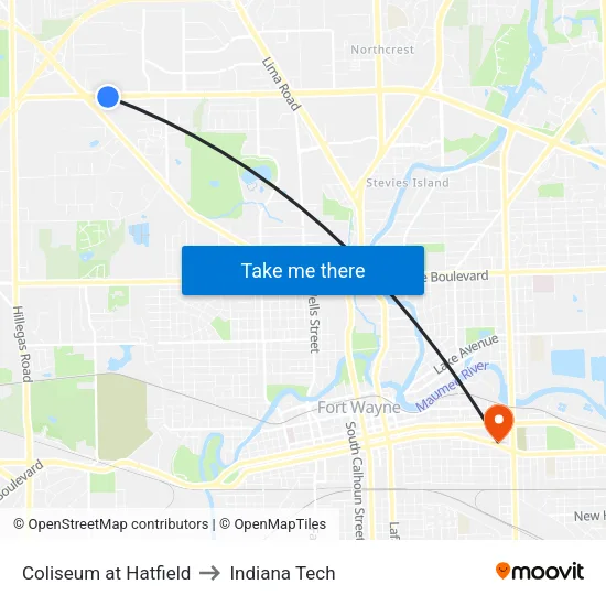 Coliseum at Hatfield to Indiana Tech map