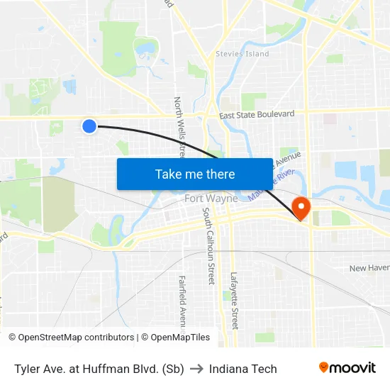 Tyler Ave. at Huffman Blvd. (Sb) to Indiana Tech map