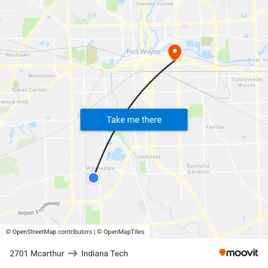 2701 Mcarthur to Indiana Tech map