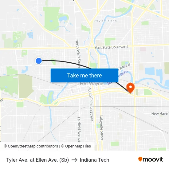 Tyler Ave. at Ellen Ave. (Sb) to Indiana Tech map