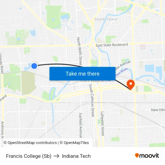 Francis College (Sb) to Indiana Tech map