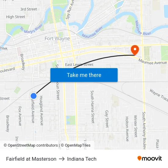 Fairfield at Masterson to Indiana Tech map