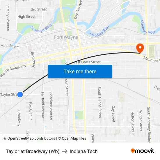 Taylor at Broadway (Wb) to Indiana Tech map
