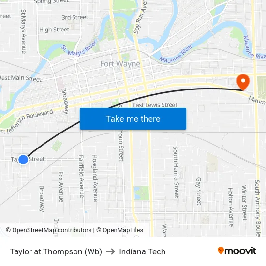 Taylor at Thompson (Wb) to Indiana Tech map