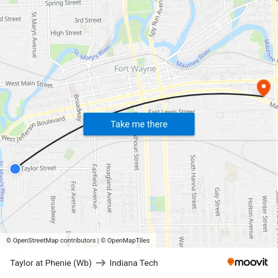 Taylor at Phenie (Wb) to Indiana Tech map