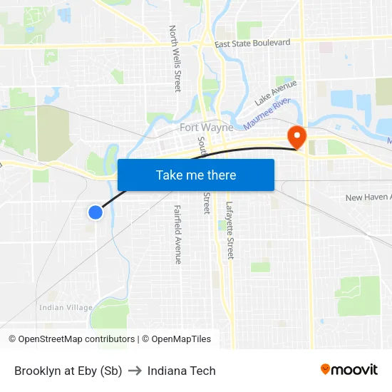 Brooklyn at Eby (Sb) to Indiana Tech map