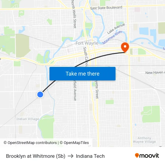 Brooklyn at Whitmore (Sb) to Indiana Tech map