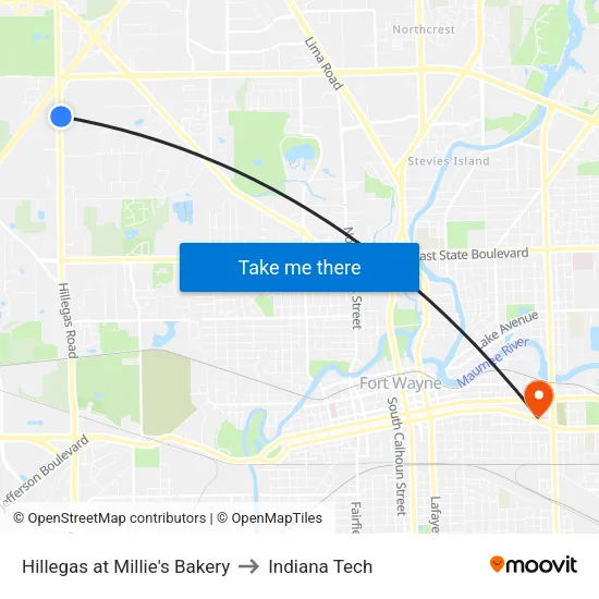 Hillegas at Millie's Bakery to Indiana Tech map