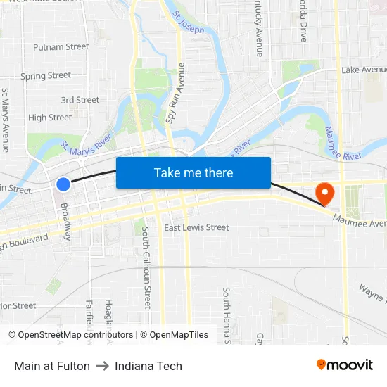 Main at Fulton to Indiana Tech map