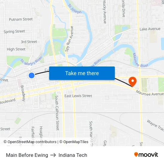 Main Before Ewing to Indiana Tech map