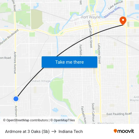 Ardmore at 3 Oaks (Sb) to Indiana Tech map