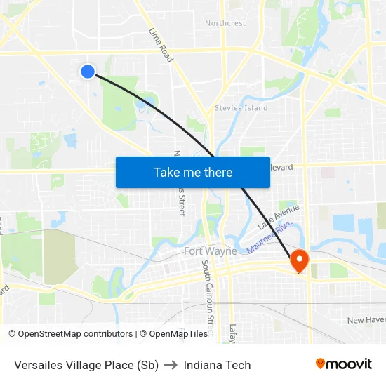 Versailes Village Place (Sb) to Indiana Tech map