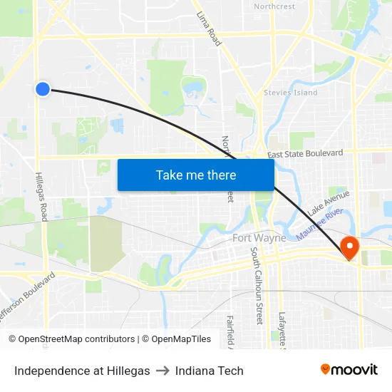 Independence at Hillegas to Indiana Tech map